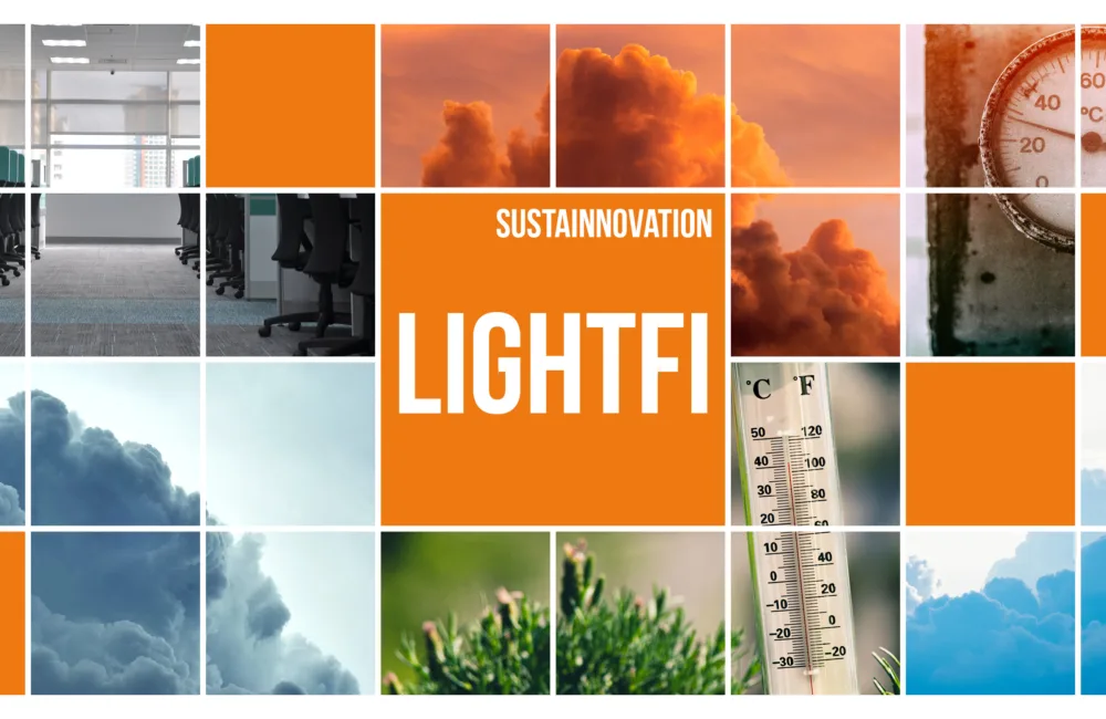 Collage of square images of clouds, an office space and thermometers, surrounding a title of 'Sustainnovation - Lightfi'