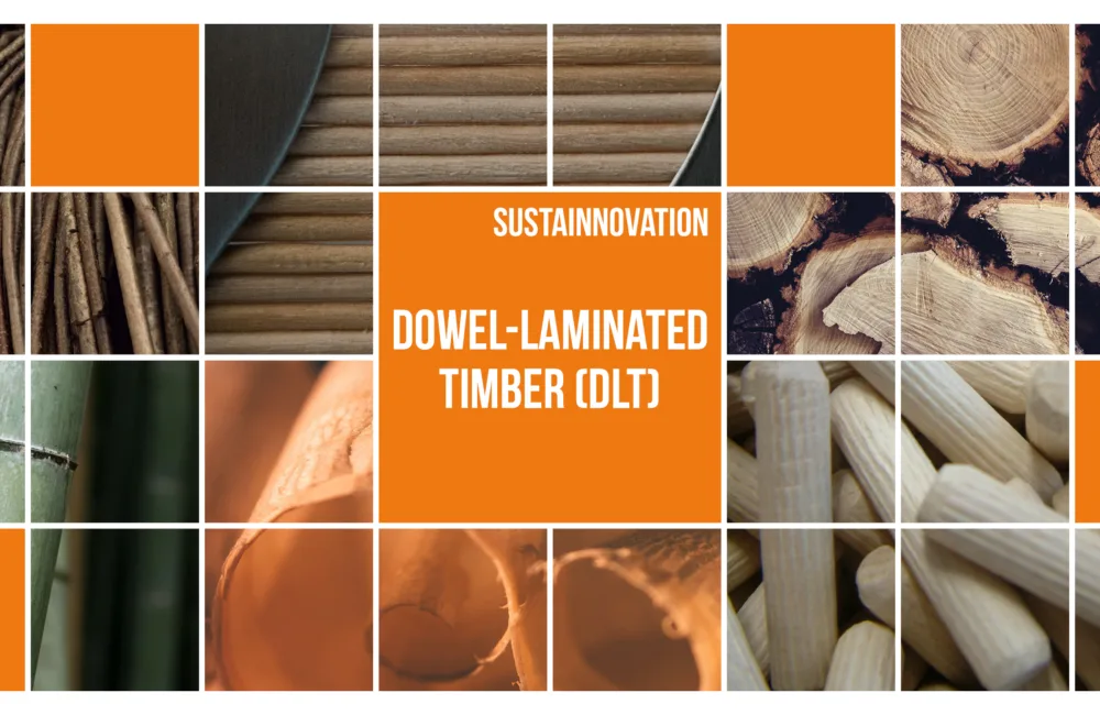 Collage of square images of wooden rods and dowels, surrounding a title of 'Sustainnovation - Dowel-laminated Timber (DLT)'