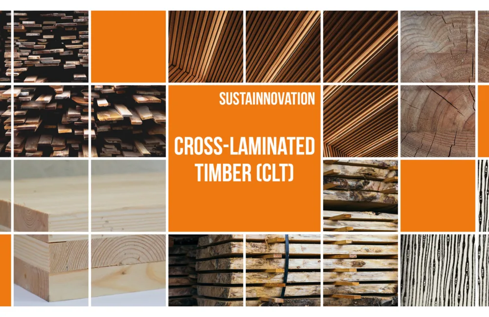 Collage of square images of layered timber panels, surrounding a title of 'Sustainnovation - Cross-laminated Timber (CLT)'