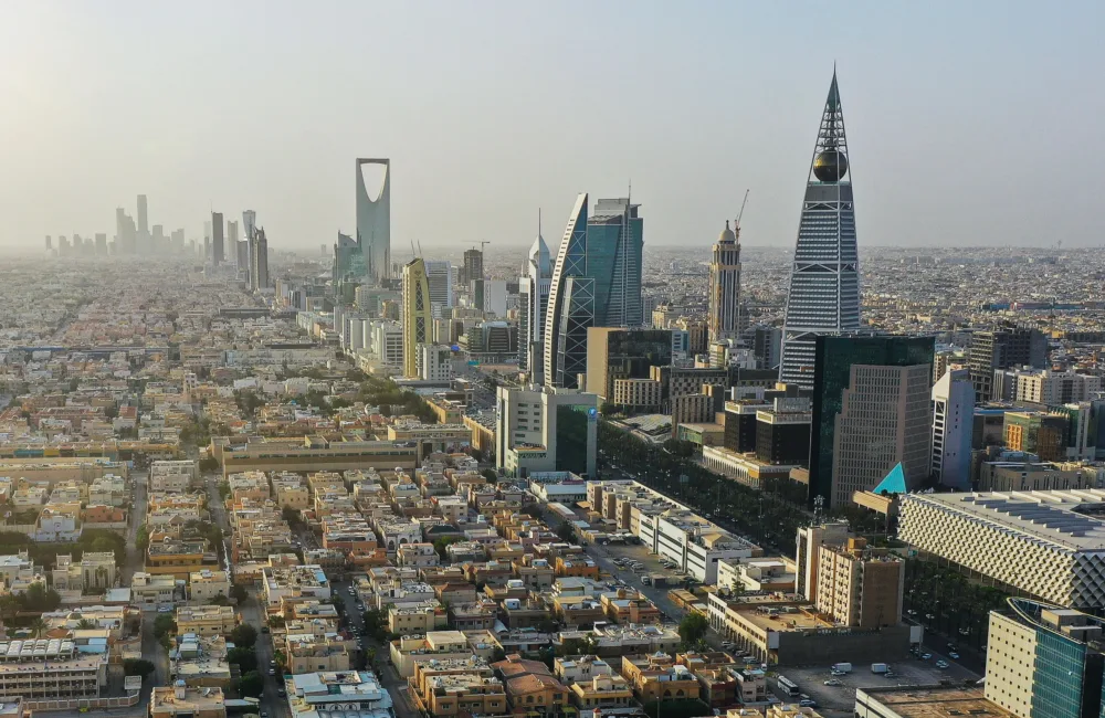 Aerial view of Riyadh city, Saudi Arabia, captured by drones showcasing modern buildings, roads, and urban areas