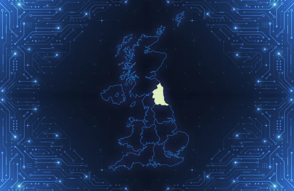 Digital map of the United Kingdom with the North-East highlighted in yellow. The map is overlaid on a blue background featuring a circuit board pattern symbolizing technology.