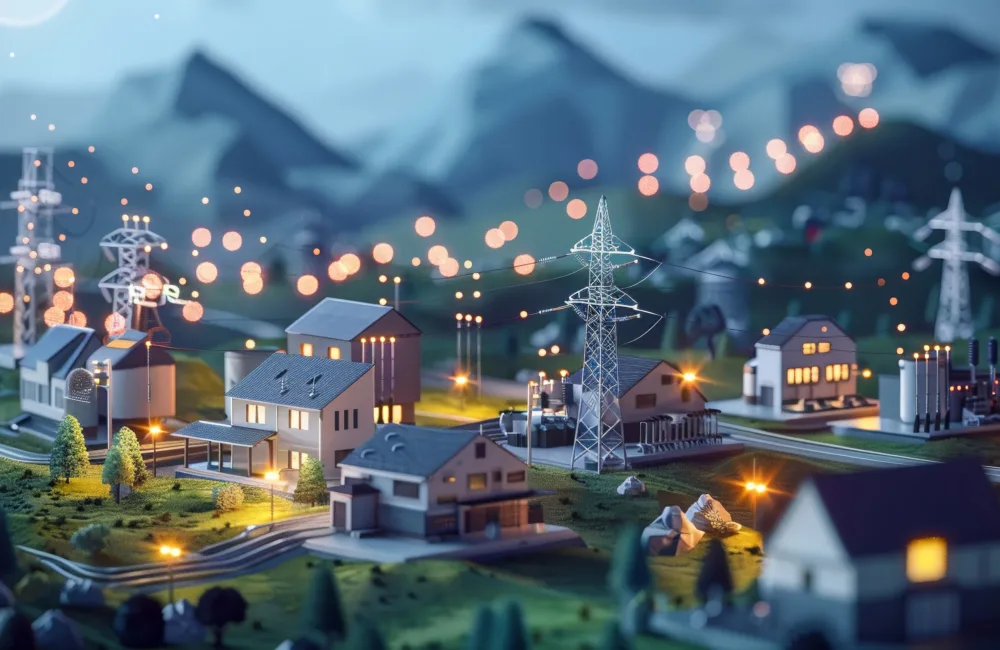 AI generated image of a model neighbourhood connected by a power grid