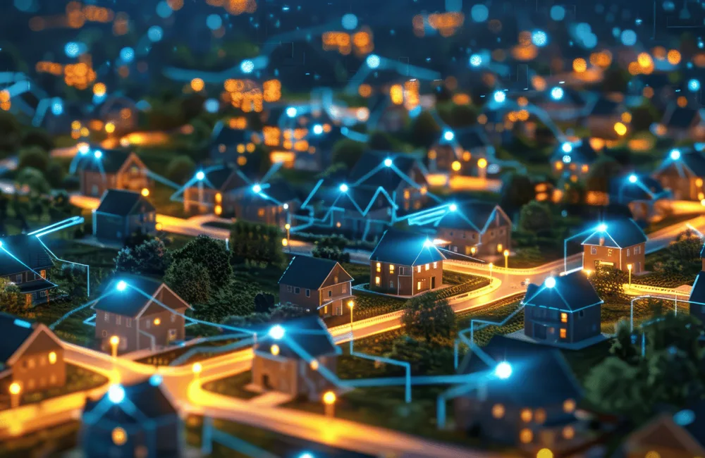 AI image of a neighbourhood of houses connected by illuminated lines representing the Wi-Fi network