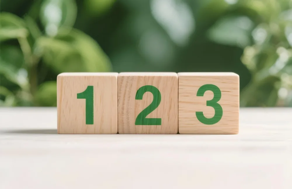 Three wooden blocks arranged in a row, each displaying a green number: 1, 2, and 3. The background features blurred green foliage.