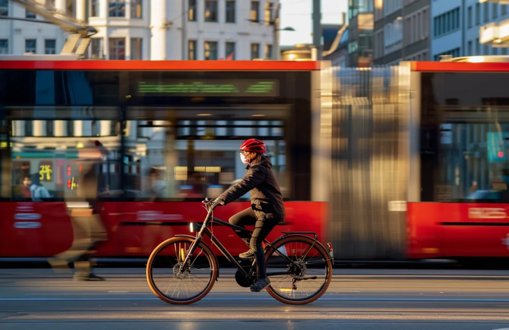A person rides a bicycle along a city street in daylight, wearing a helmet and jacket. A red tram or bus passes behind with motion blur, with tall buildings, tram lines, and street markings visible in the urban setting.