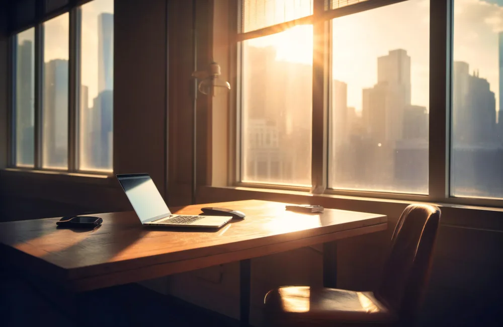 Desk with laptop on it, chair under desk, sunlight streaming through window
