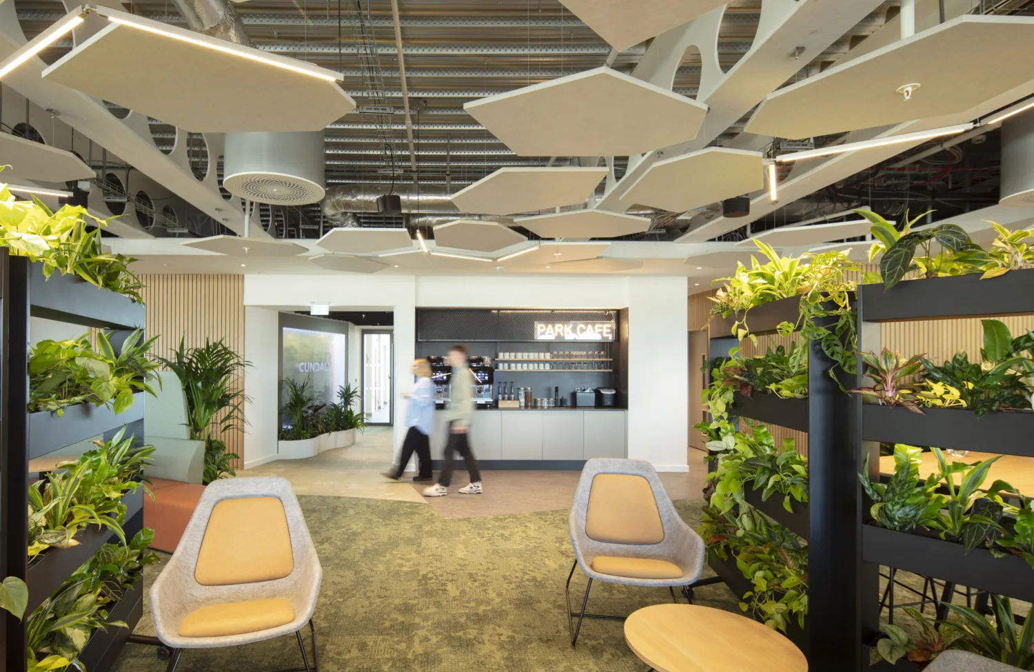 Office interior with dense planting, lounge seating, suspended acoustic panels and two people walking past the Park Cafe.
