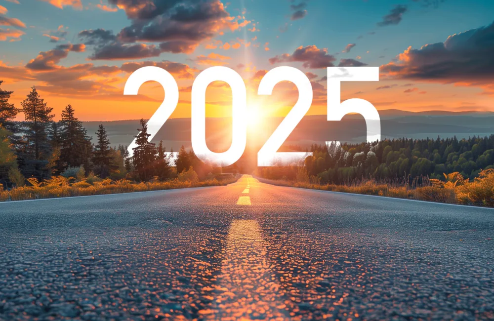 AI generated natural landscape and highway road leading to a 2025 with the sun setting behind