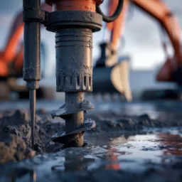Close-up of a ground investigation drilling auger in wet soil, with construction equipment blurred in the background.