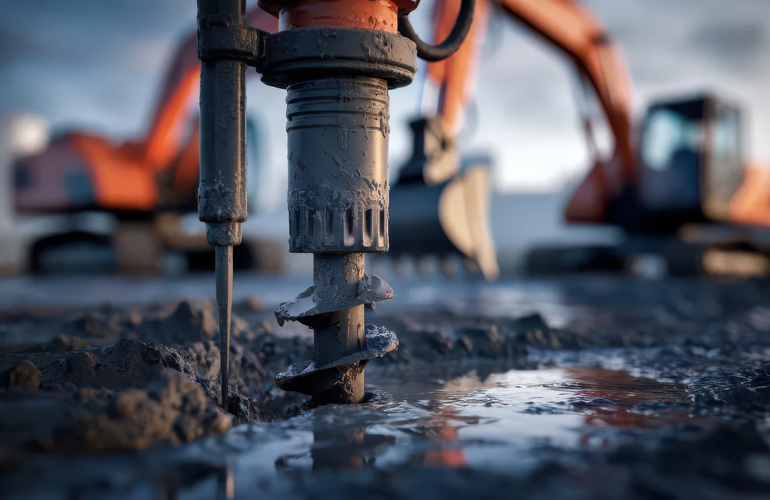 Close-up of a ground investigation drilling auger in wet soil, with construction equipment blurred in the background.
