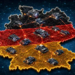 Illustrated map of Germany in black, red and gold with interconnected data centre facilities linked by a digital network.