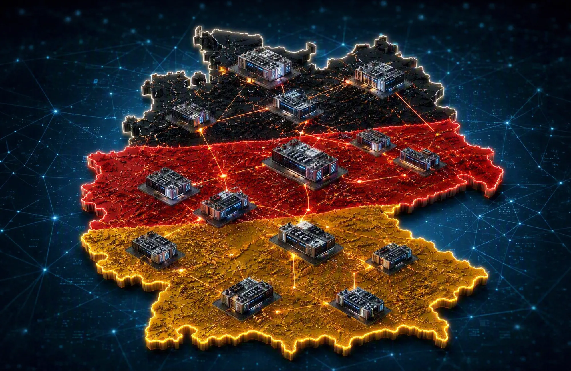 Illustrated map of Germany in black, red and gold with interconnected data centre facilities linked by a digital network.