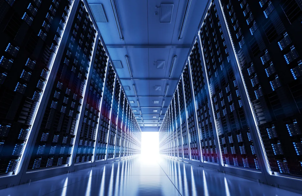 Worms eye view of servers in room with sunlight at the end