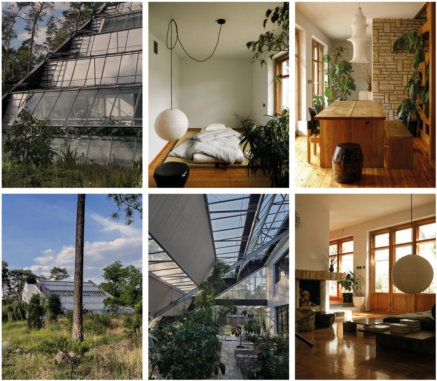 Six photos showing exterior and interior views of a modern building. Top row: glass façade with greenery, minimalist bedroom with hanging lamp, dining area with wooden table and stone wall. Bottom row: exterior with trees, indoor greenhouse with plants under glass roof, living room with large windows and round pendant light.