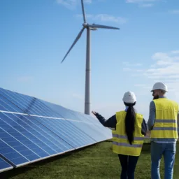 Two people wearing white hard hats and high-visibility yellow safety vests stand beside rows of blue solar panels on a grassy site. One person gestures toward the panels. A large wind turbine rises in the background beneath a partly cloudy sky.