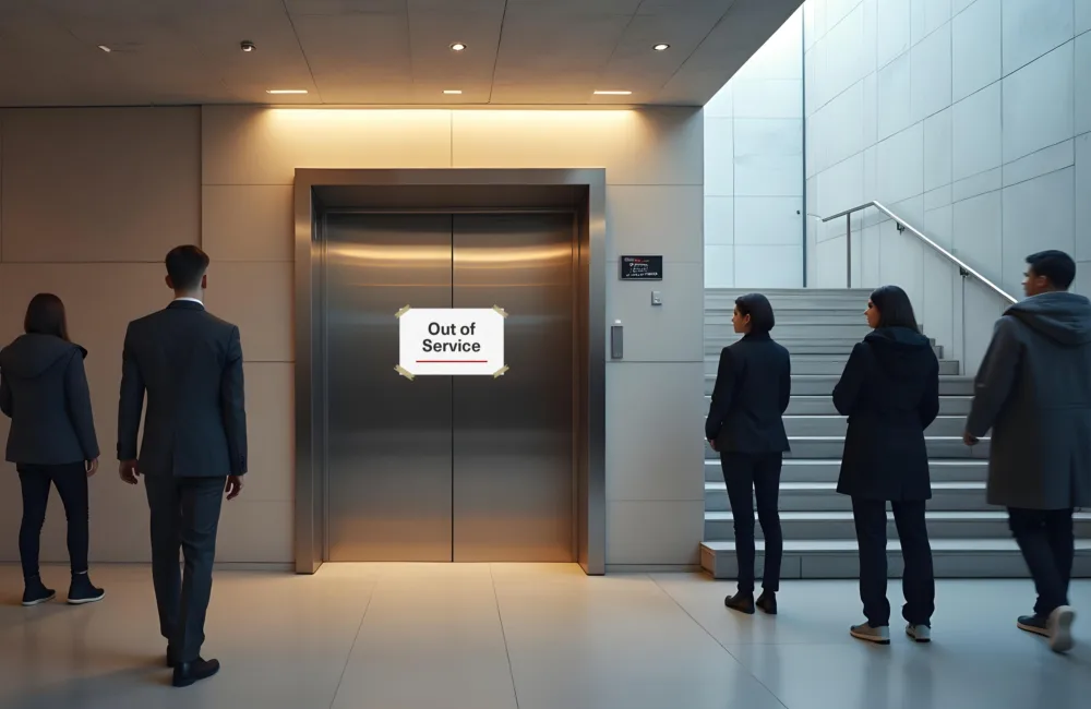 Three people stand in front of a closed elevator with an Out of Service sign on the door.