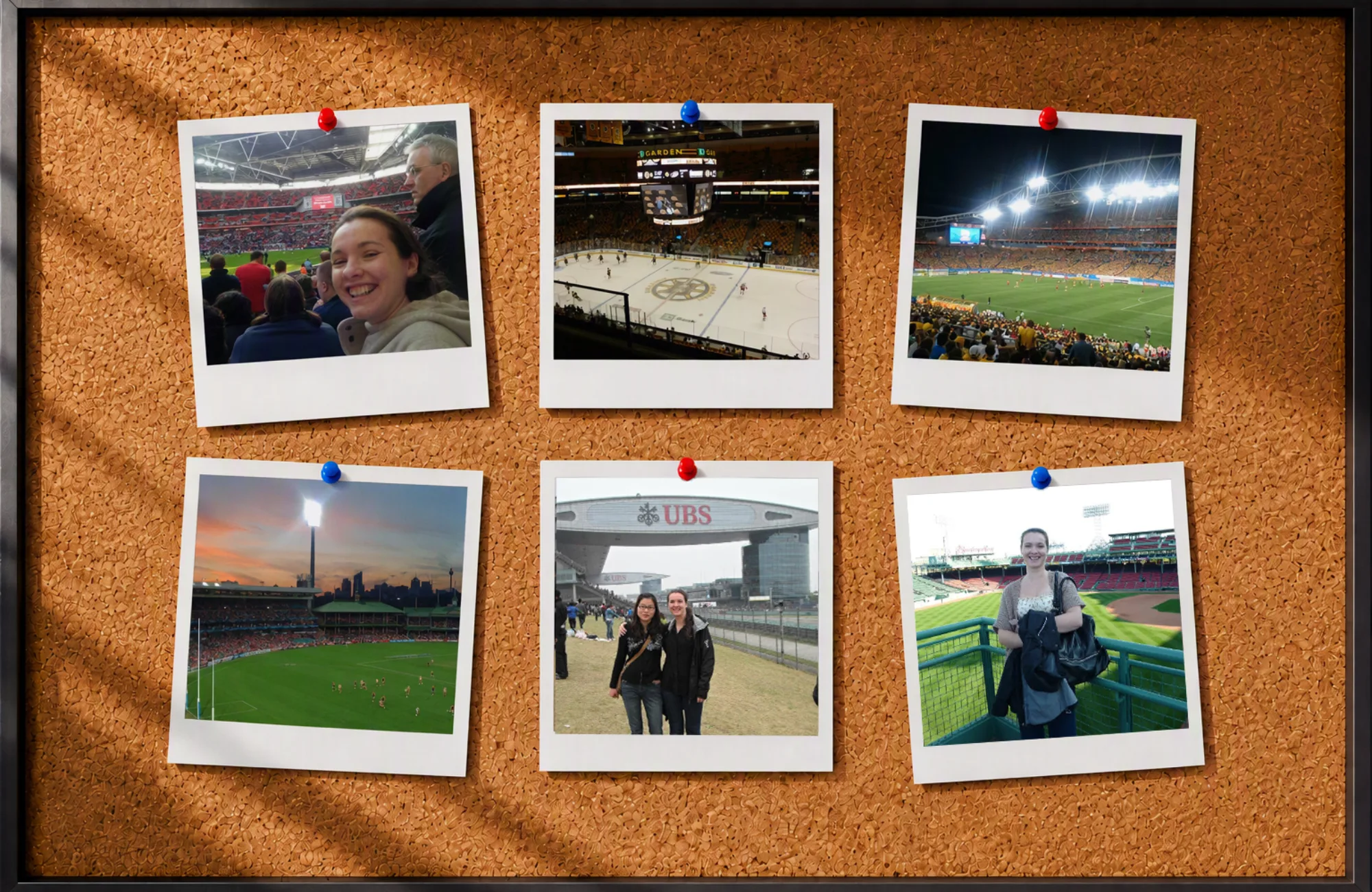 Collage of six pinned photographs on a corkboard, showing sports stadiums, an ice hockey arena, and outdoor venue scenes, with people visible in several images.
