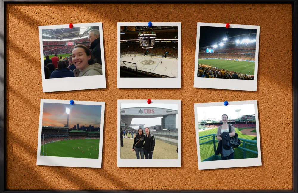 Collage of six pinned photographs on a corkboard, showing sports stadiums, an ice hockey arena, and outdoor venue scenes, with people visible in several images.