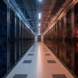 A long corridor in a data centre lined with black server racks on both sides, showing blue indicator light on the left and red on the right. Overhead fluorescent lighting illuminates the aisle, and visible warning text on the right rack reads “HIGH TEMP” and “WARNING.”