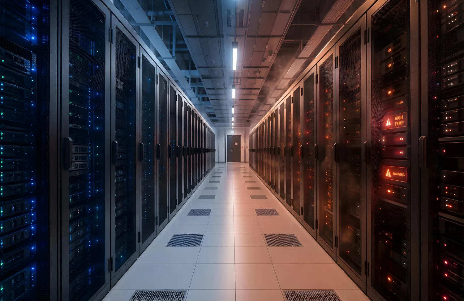 A long corridor in a data centre lined with black server racks on both sides, showing blue indicator light on the left and red on the right. Overhead fluorescent lighting illuminates the aisle, and visible warning text on the right rack reads “HIGH TEMP” and “WARNING.”