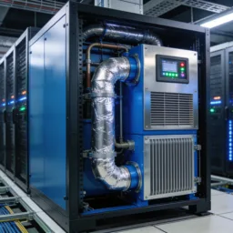 Industrial data center aisle with server racks on both sides and a central cooling unit in the foreground. The unit has metal ducts, insulated piping, vents, and a control panel with illuminated indicator lights and a small screen.