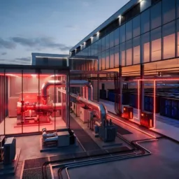 Data centre building with visible server racks, pipework and enclosed mechanical equipment connected by illuminated red infrastructure lines.