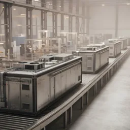 Modular plant units on a conveyor line inside a manufacturing facility, with workstations and equipment arranged throughout the interior.