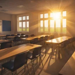 Classroom with rows of desks and chairs, a wall-mounted whiteboard, and strong sunlight entering through large windows.Classroom with rows of desks and chairs, a wall-mounted whiteboard, and strong sunlight entering through large windows.