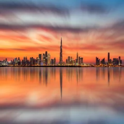 Dubai skyline at sunset with Burj Khalifa centred among high-rise buildings, reflected in calm water.