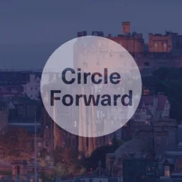 City skyline at dusk with historic buildings and a hilltop castle in the background. A large translucent white circle overlays the centre with the text “Circle Forward”.
