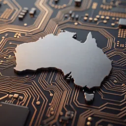 Map of Australia depicted as a metallic cut-out on a circuit board with electronic components and printed circuit traces.