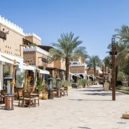 Pedestrian street lined with palm trees, outdoor seating and earth-toned buildings with shaded façades under a clear blue sky.
