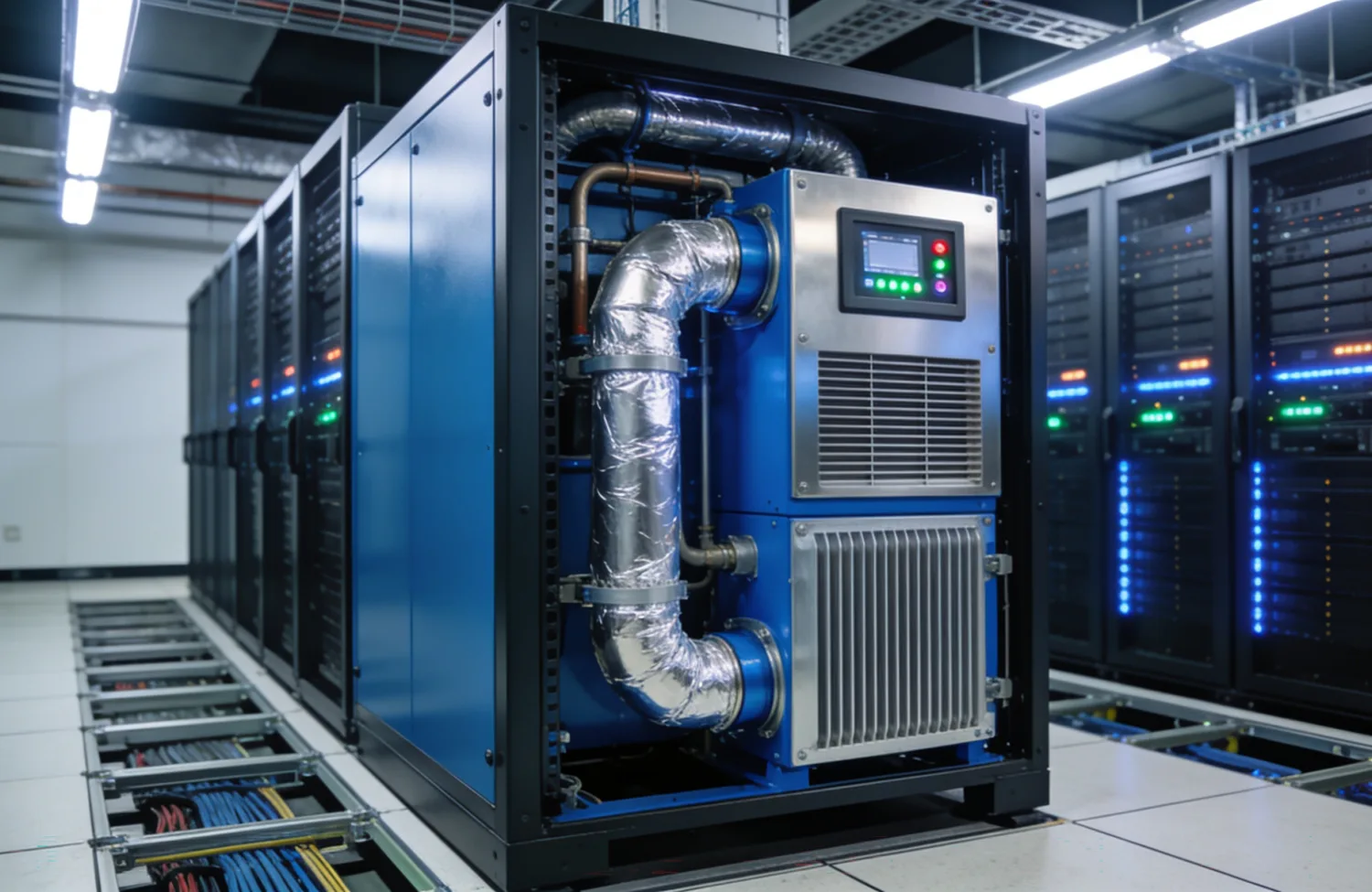 Industrial data center aisle with server racks on both sides and a central cooling unit in the foreground. The unit has metal ducts, insulated piping, vents, and a control panel with illuminated indicator lights and a small screen.
