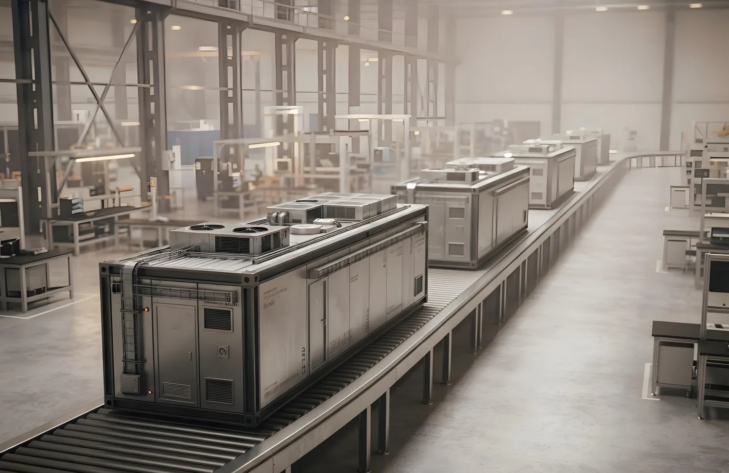 Modular plant units on a conveyor line inside a manufacturing facility, with workstations and equipment arranged throughout the interior.