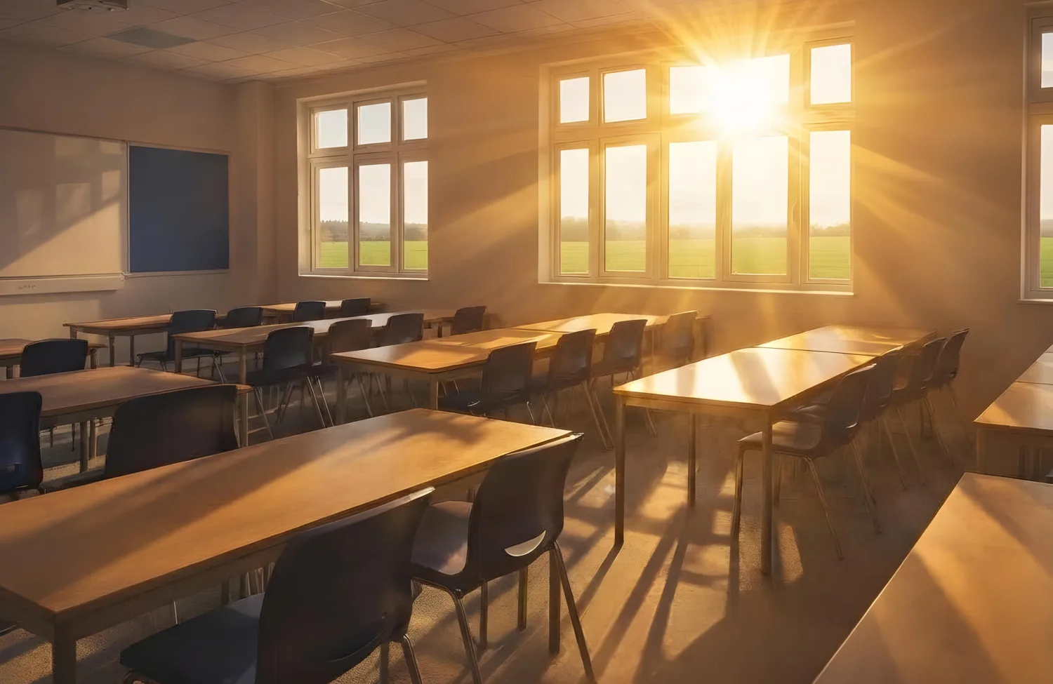 Classroom with rows of desks and chairs, a wall-mounted whiteboard, and strong sunlight entering through large windows.Classroom with rows of desks and chairs, a wall-mounted whiteboard, and strong sunlight entering through large windows.
