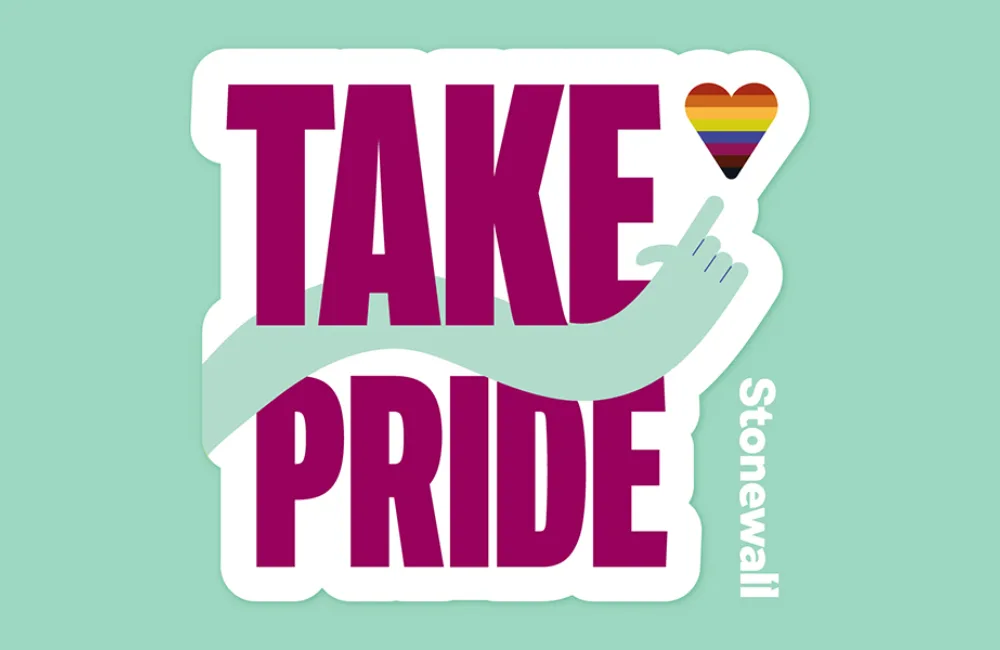 Stonewalls take pride logo with a rainbow coloured heart