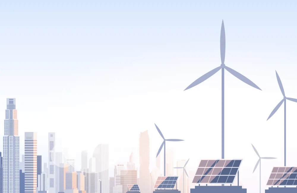 Illustration of buildings with sustainable wind farms and solar panels.