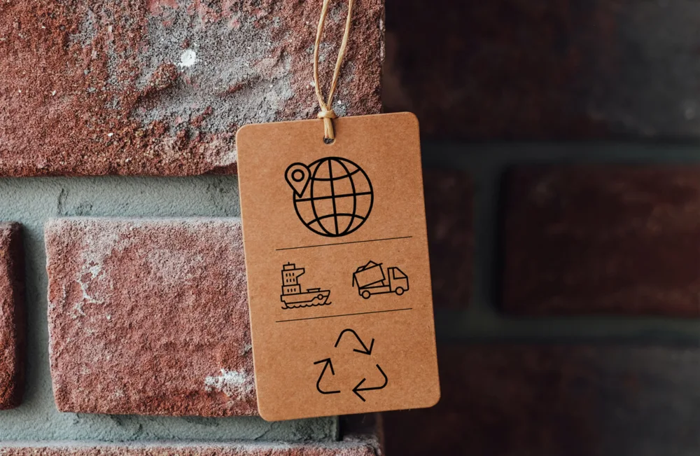 Brick wall with tag showing material passport icons