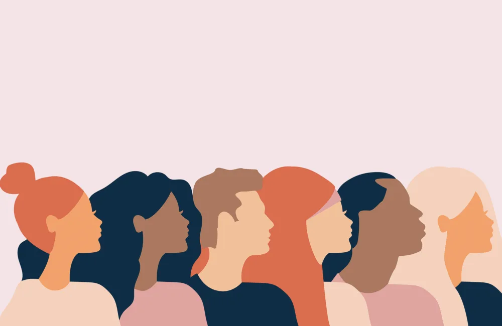 A group of people, male and female looking to the right on a pink background