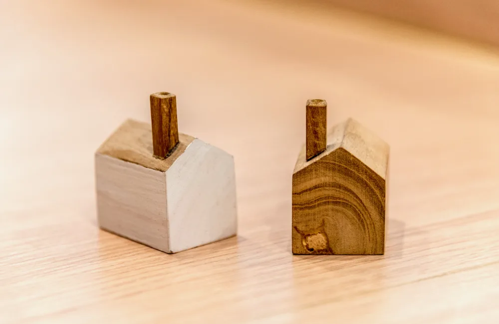 Two mini houses. The one on the left is made of cement and wood and the the other on the right is made our of pure timber.