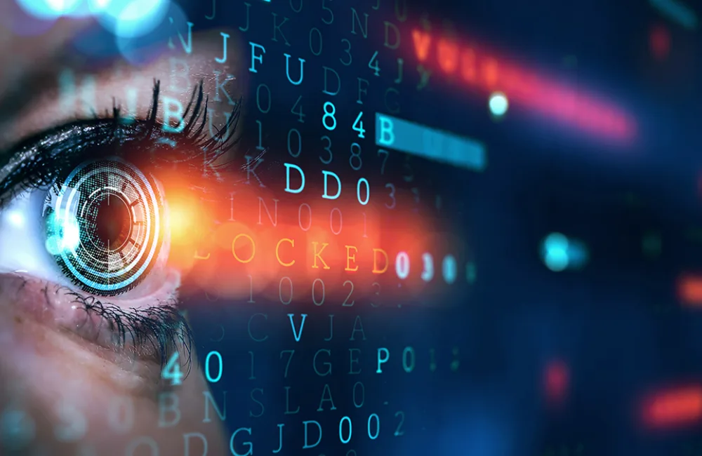 Close up of eye and security coding