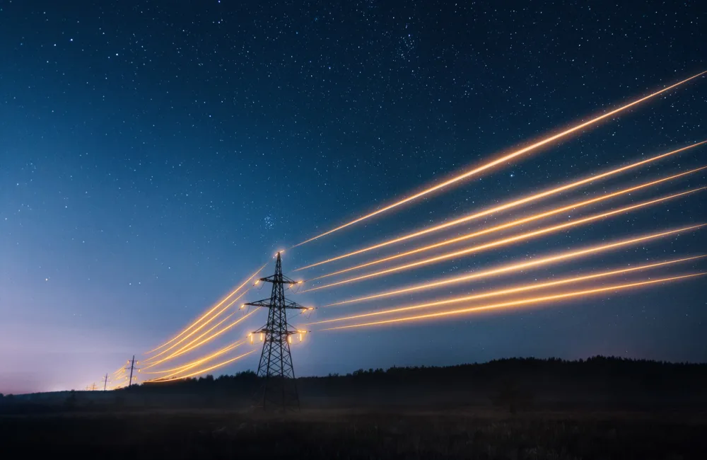 Glowing electricity cables suspended between pylons against a night sky