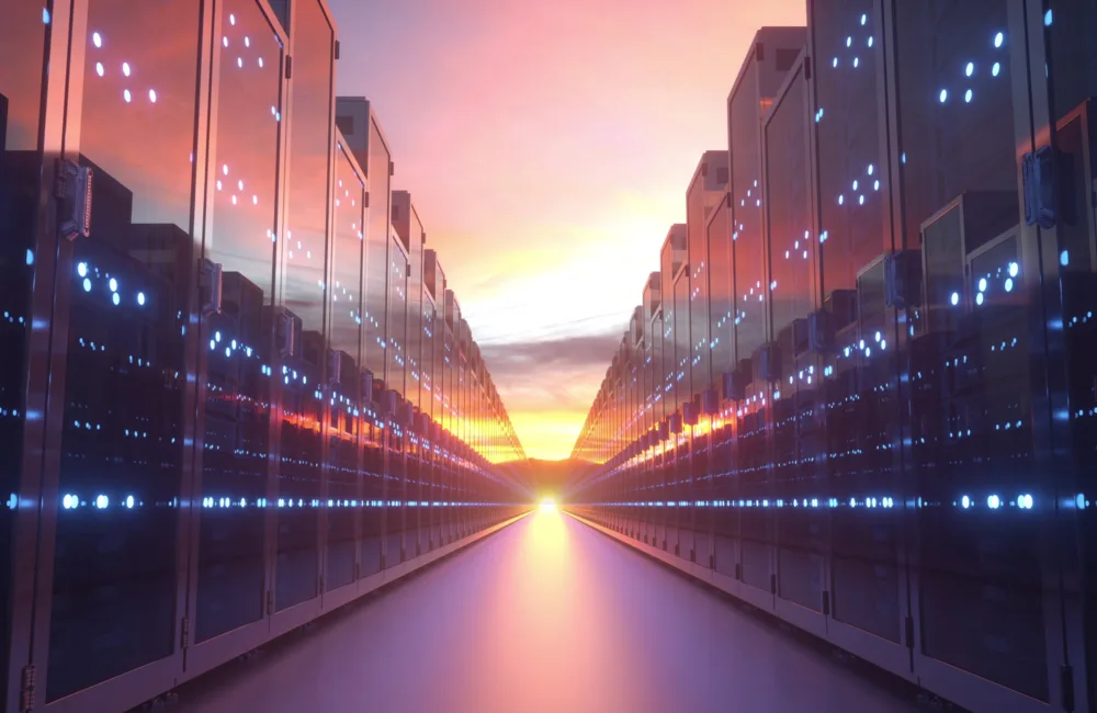A number of server racks headed towards the sunrise