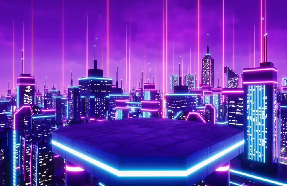 Rooftop view of metaverse city in 3d rendering