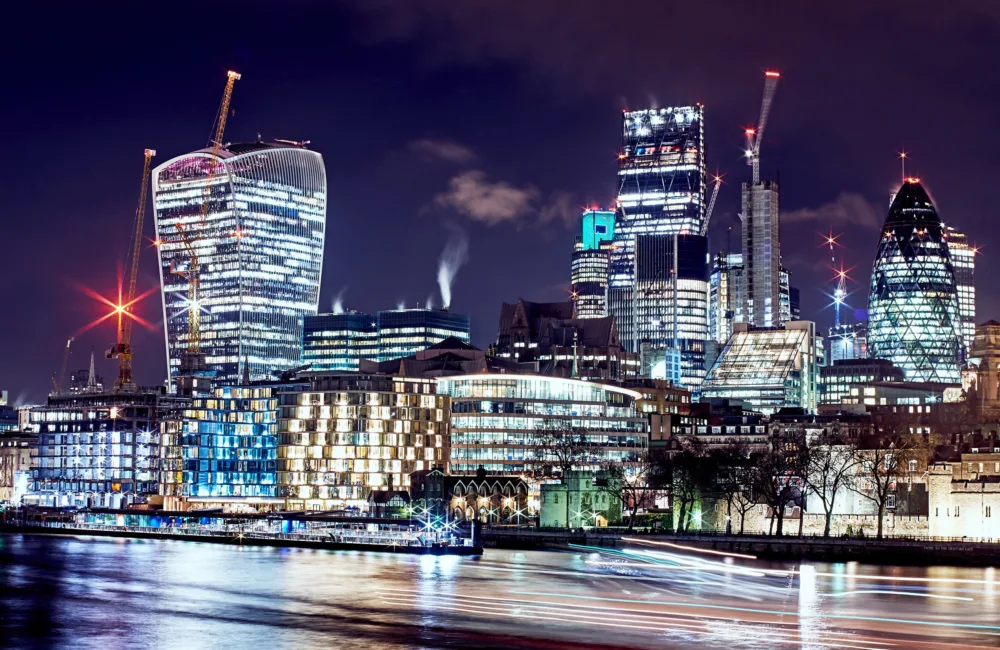 View of the north bank of the Thames surrounding the Tower of London at night