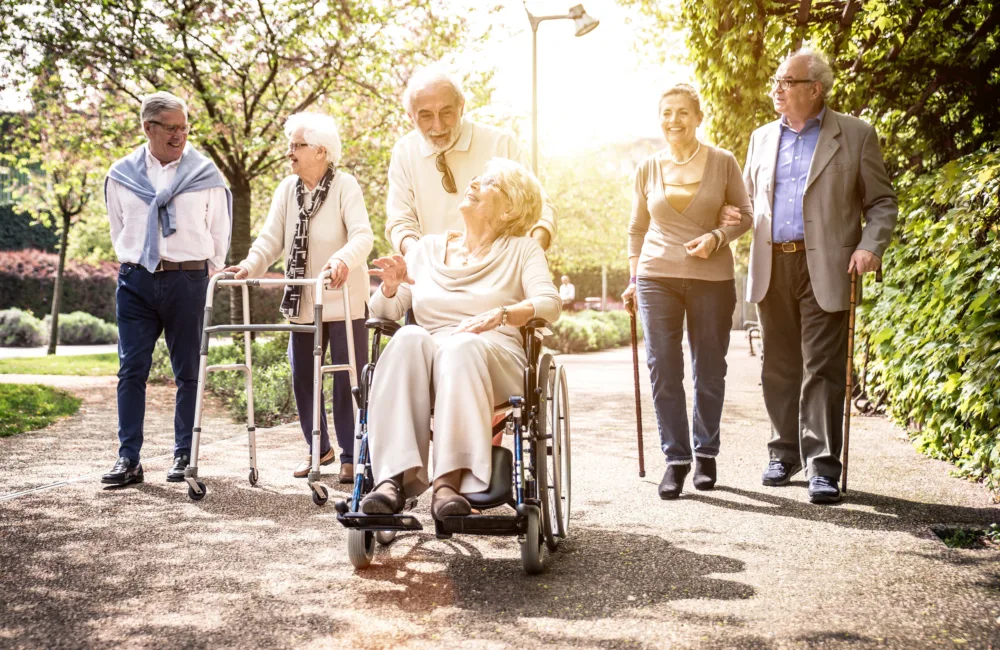 Group of old people walking outdoor