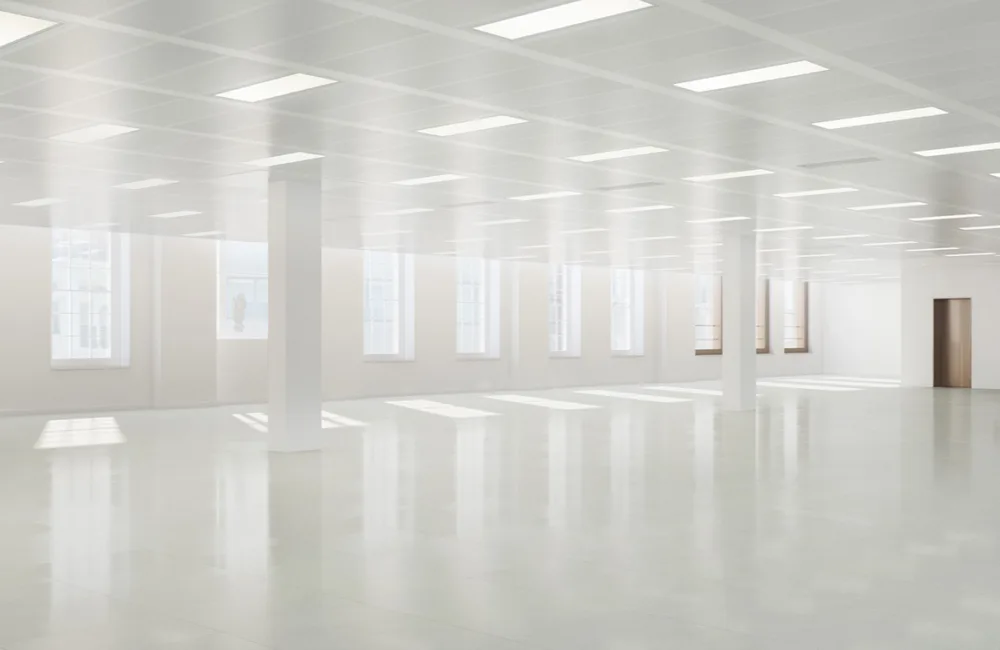 Empty office with windows and one lift door all white interior
