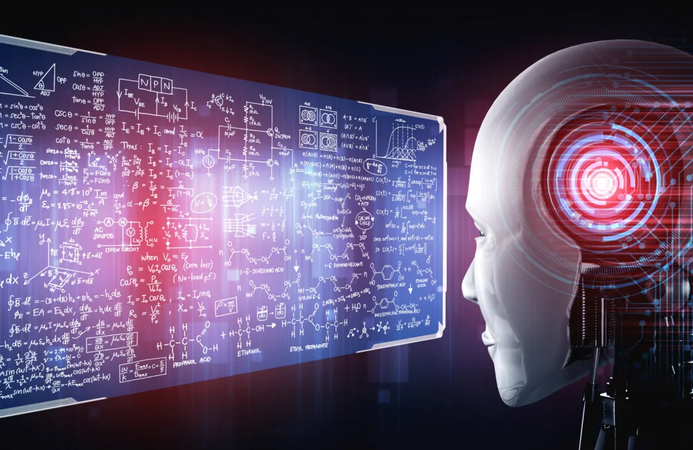 Humanoid AI robot looking at hologram screen in concept of math calculation