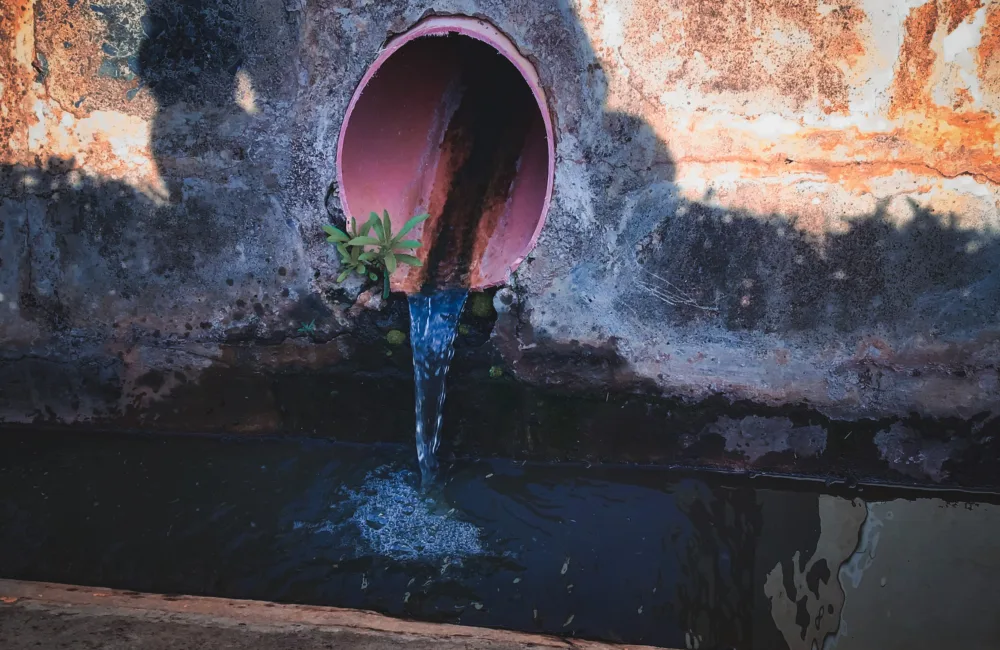 Water flowing out of sewage pipe.