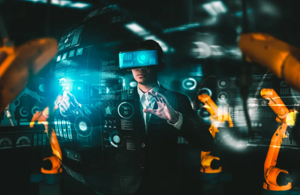 A guy using virtual reality to make adjustments to mechanical settings